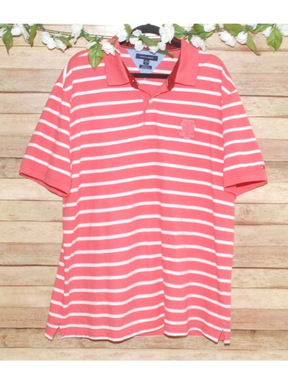 TOMMY HILFIGER Polo Shirt Mens XXL Short Sleeve Peach & White Stripe Preppy Golf